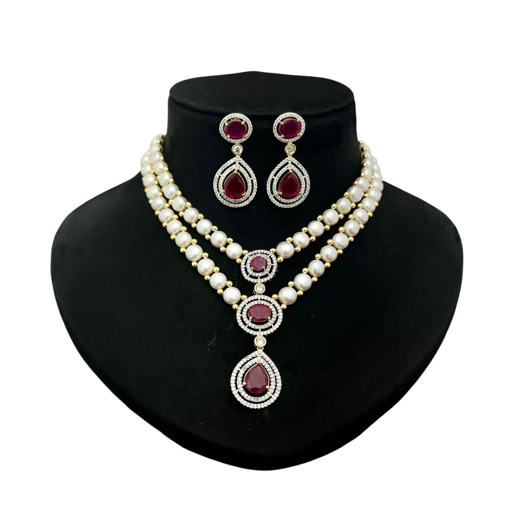 Pearl and Gemstone Crystal Halo Cascade Necklace Set