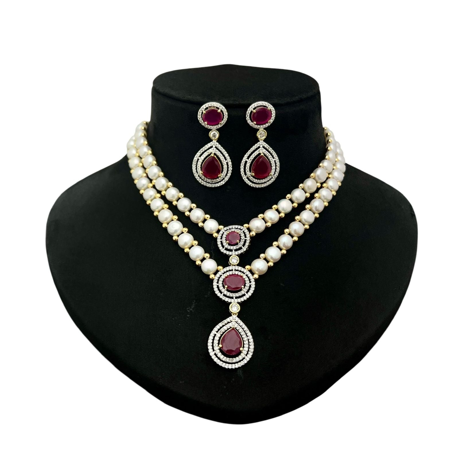 Pearl and Gemstone Crystal Halo Cascade Necklace Set