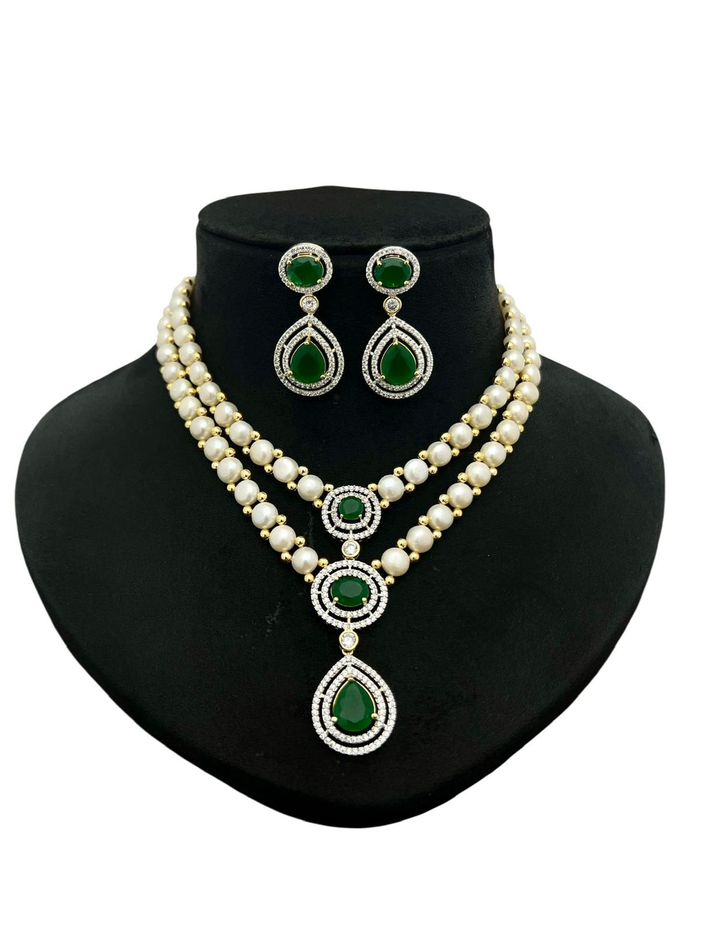 Pearl and Gemstone Crystal Halo Cascade Necklace Set
