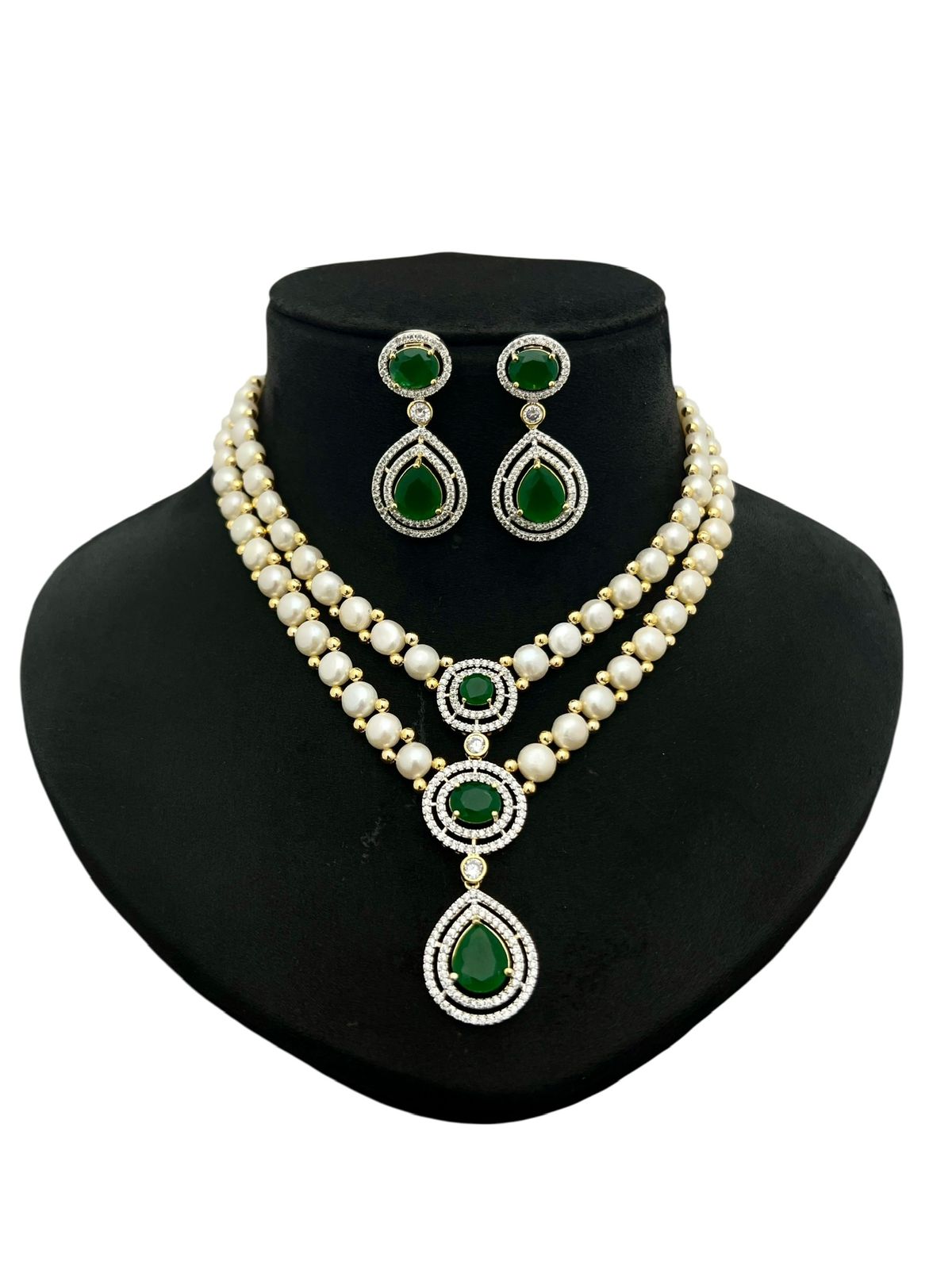 Pearl and Gemstone Crystal Halo Cascade Necklace Set