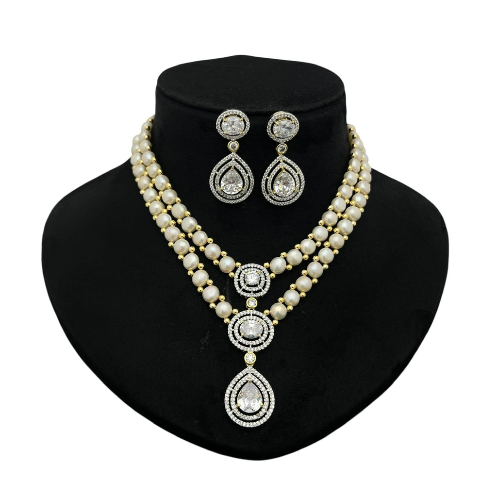 Pearl and Gemstone Crystal Halo Cascade Necklace Set