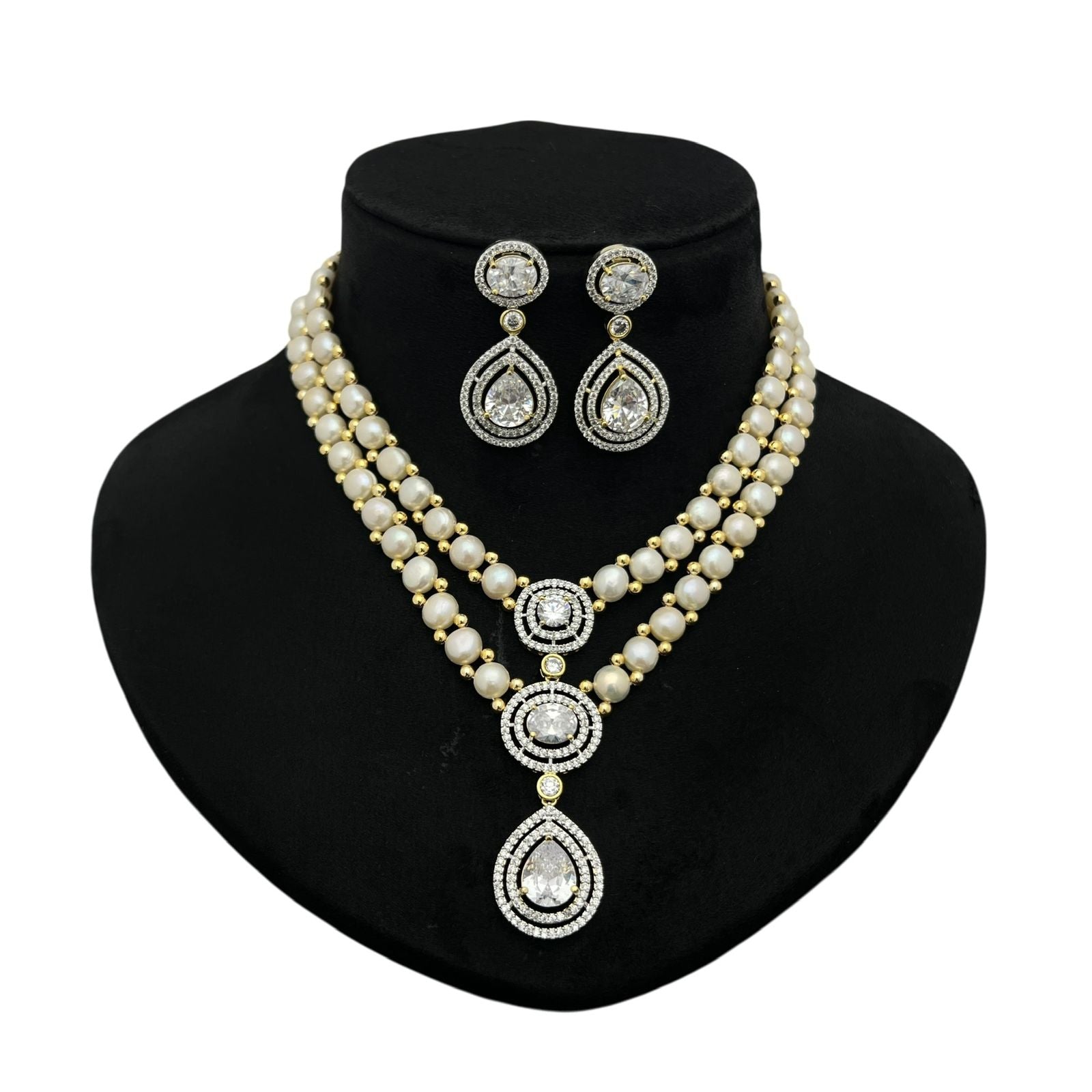 Pearl and Gemstone Crystal Halo Cascade Necklace Set