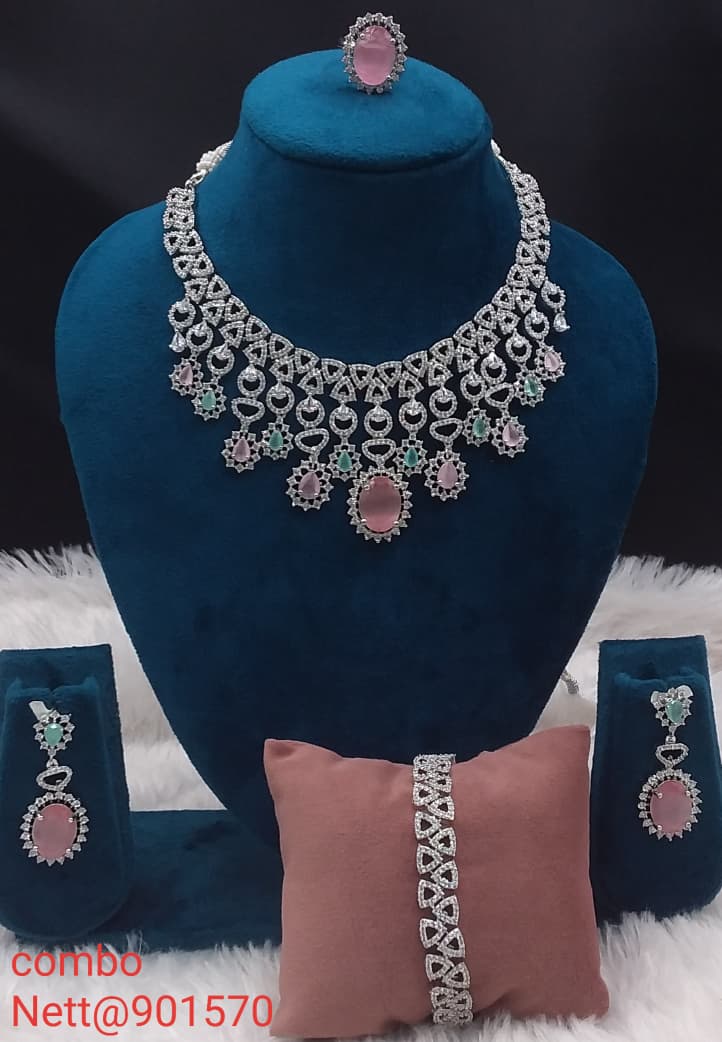 Pink Green Stone AD Jewellery Combo Set - Necklace, Earrings, Ring & Bracelet