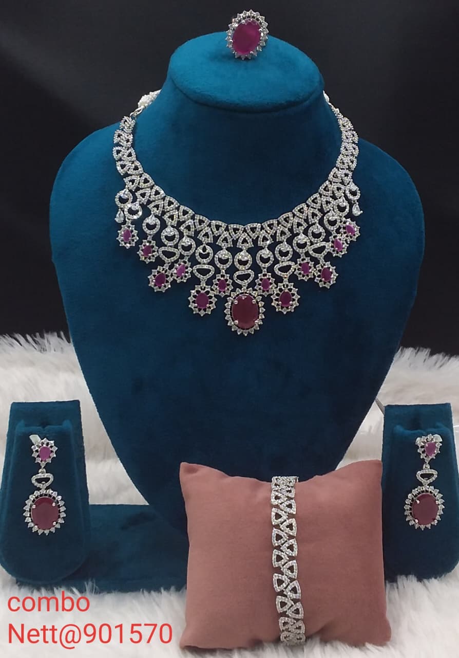 Pink Green Stone AD Jewellery Combo Set - Necklace, Earrings, Ring & Bracelet