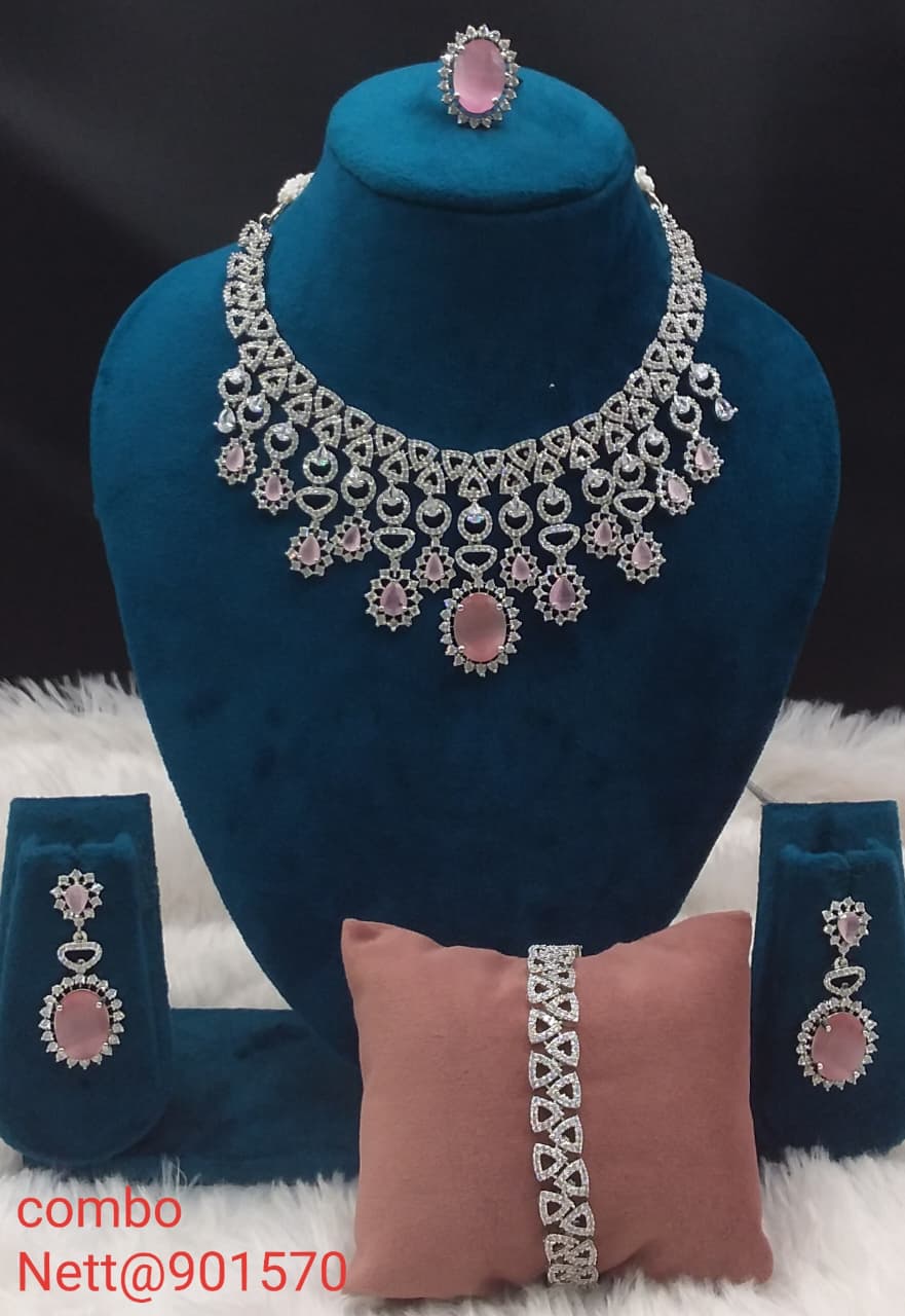 Pink Green Stone AD Jewellery Combo Set - Necklace, Earrings, Ring & Bracelet