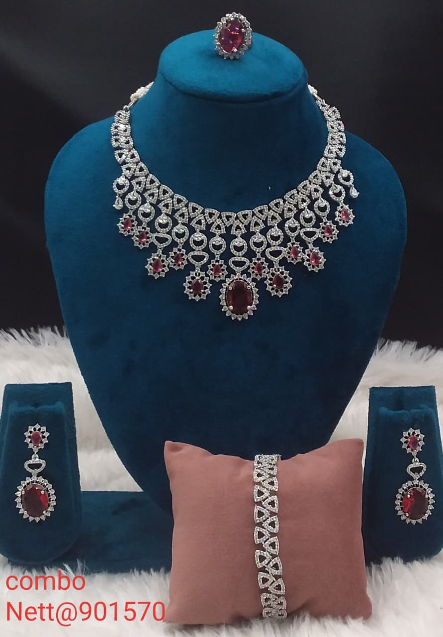 Red Stone AD Jewellery Combo Set - Necklace, Earrings, Ring & Bracelet