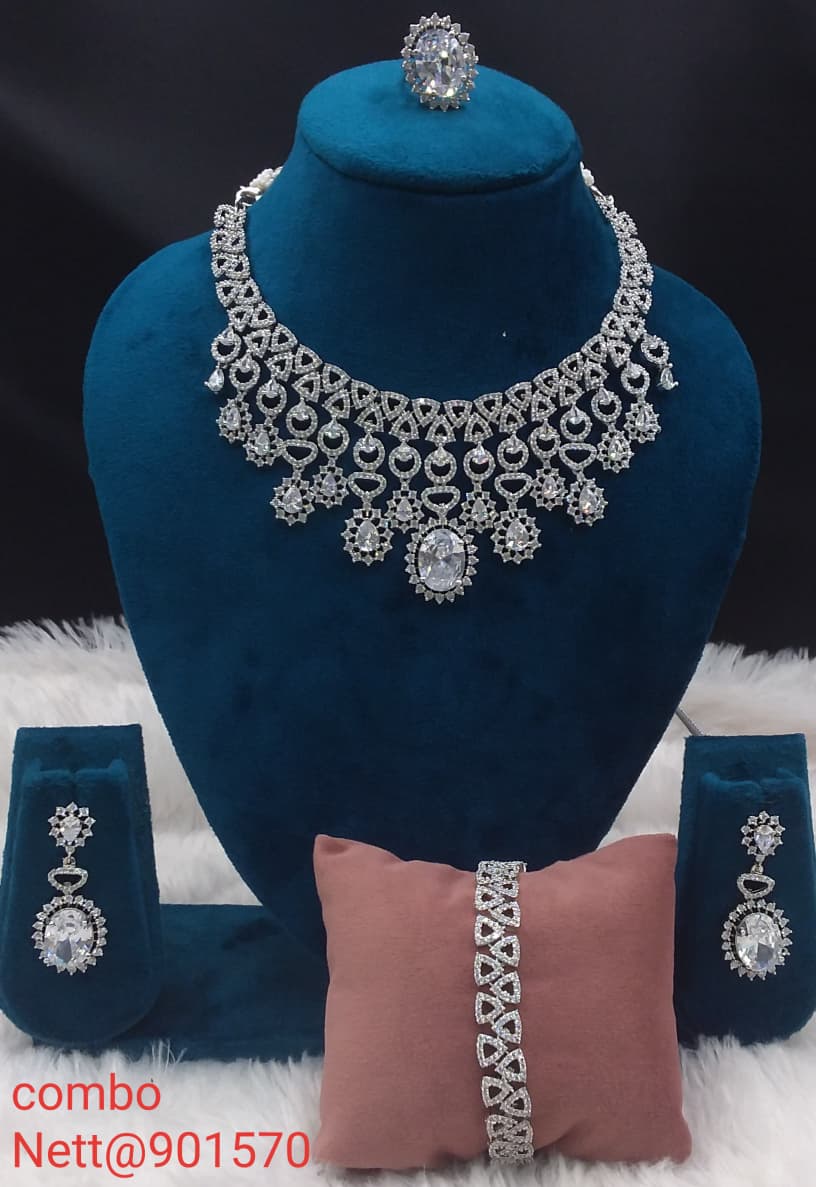 White Stone AD Jewellery Combo Set - Necklace, Earrings, Ring & Bracelet
