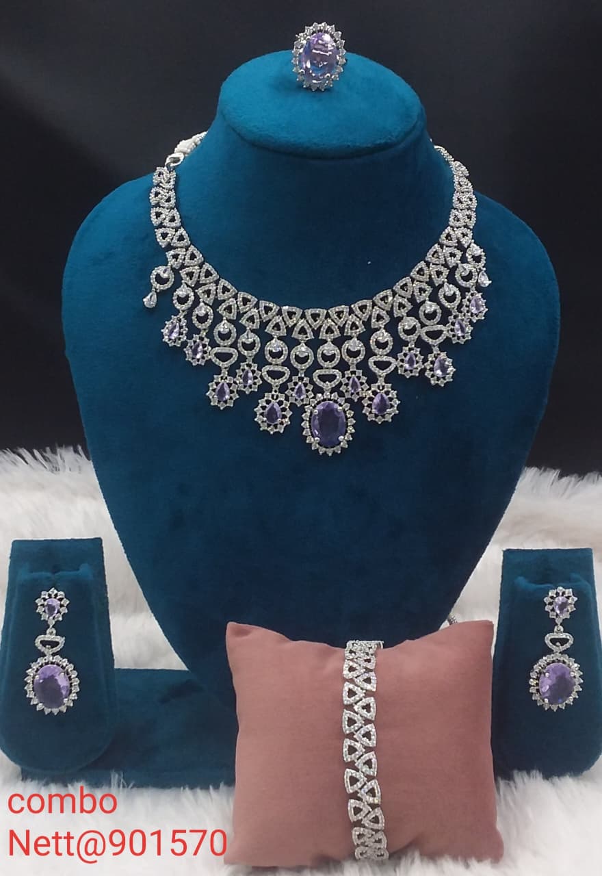 Purple Stone AD Jewellery Combo Set - Necklace, Earrings, Ring & Bracelet