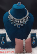 Light Blue Stone AD Jewellery Combo Set - Necklace, Earrings, Ring & Bracelet