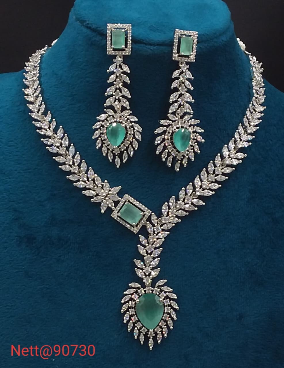 Green Stone AD Necklace Set with Earrings - Nett@90730