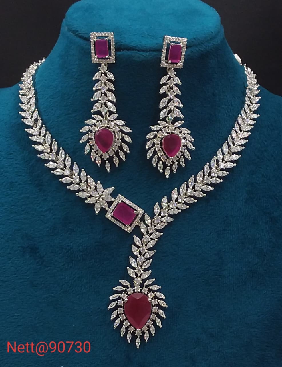 Ruby Stone AD Necklace Set with Earrings - Nett@90730