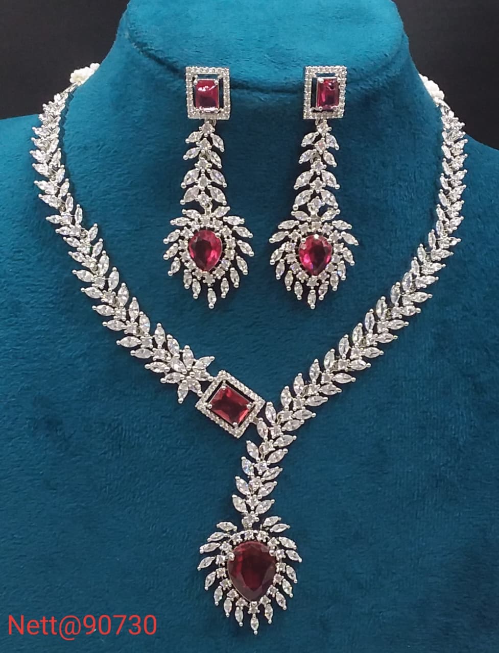 Maroon Stone AD Necklace Set with Earrings - Nett@90730
