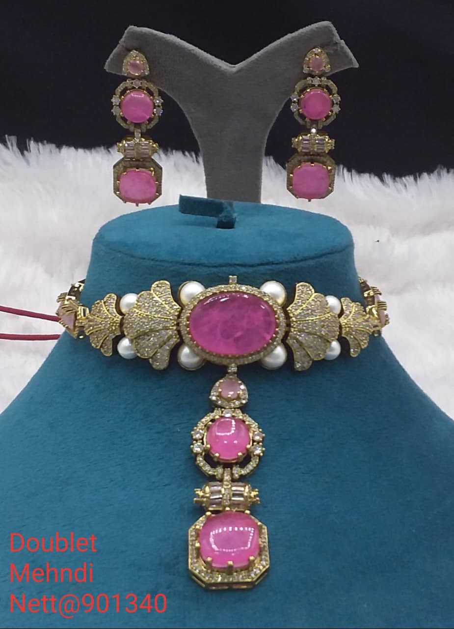 Pink Doublet Mehndi Jewellery Set - Necklace & Earrings