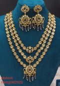 Grey Bead Mehndi Jewellery Set - Triple Layer Necklace & Earrings
