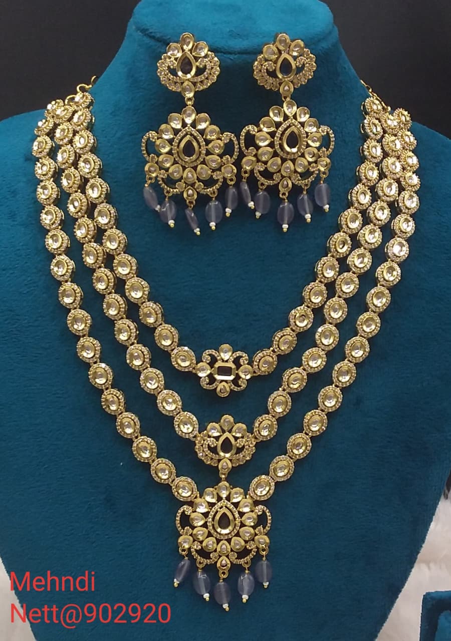 Grey Bead Mehndi Jewellery Set - Triple Layer Necklace & Earrings