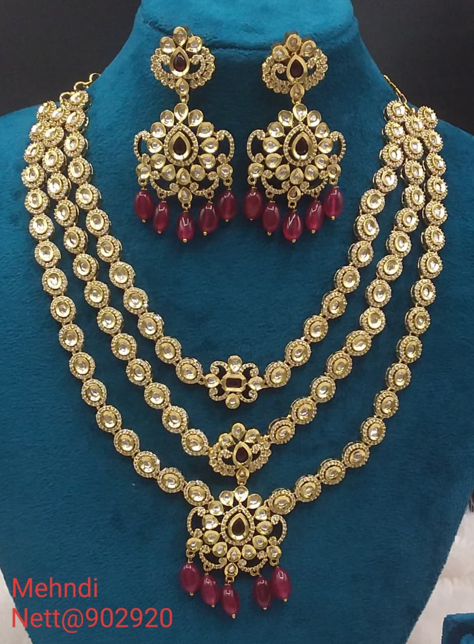 Maroon Bead Mehndi Jewellery Set - Triple Layer Necklace & Earrings