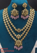 Pink Bead Mehndi Jewellery Set - Triple Layer Necklace & Earrings