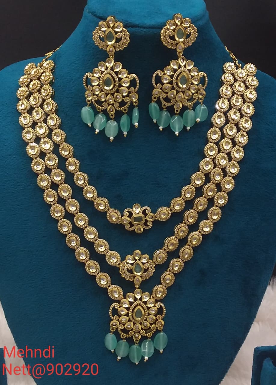 Turquoise Bead Mehndi Jewellery Set - Triple Layer Necklace & Earrings