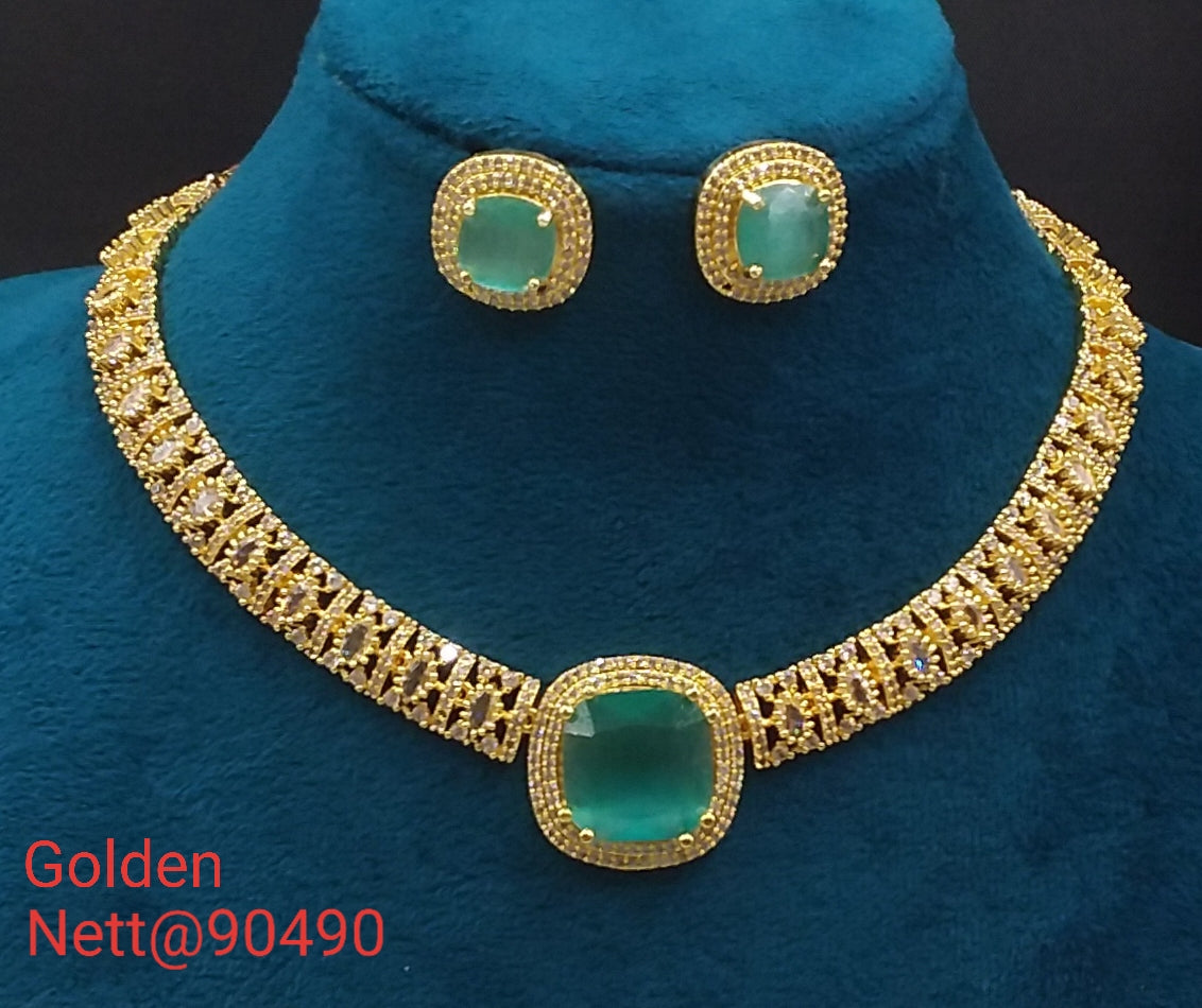 Golden AD Choker Set with Earrings - Nett@90490 (Multiple Colors)