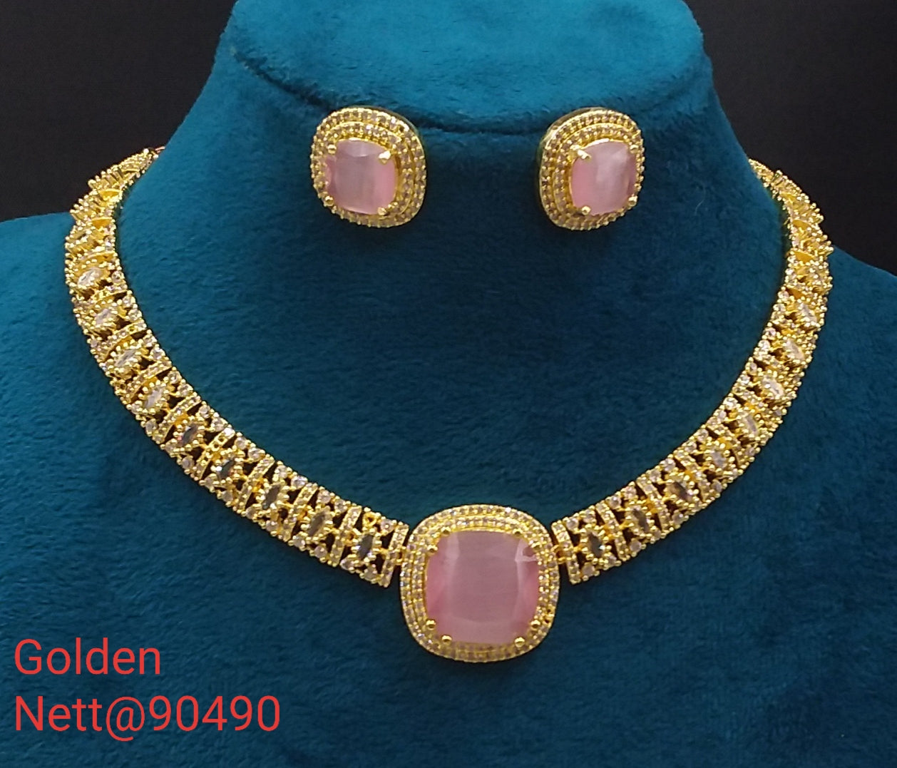 Golden AD Choker Set with Earrings - Nett@90490 (Multiple Colors)