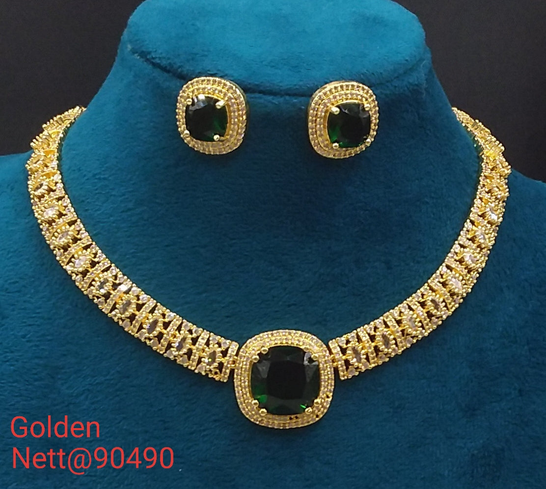 Golden AD Choker Set with Earrings - Nett@90490 (Multiple Colors)