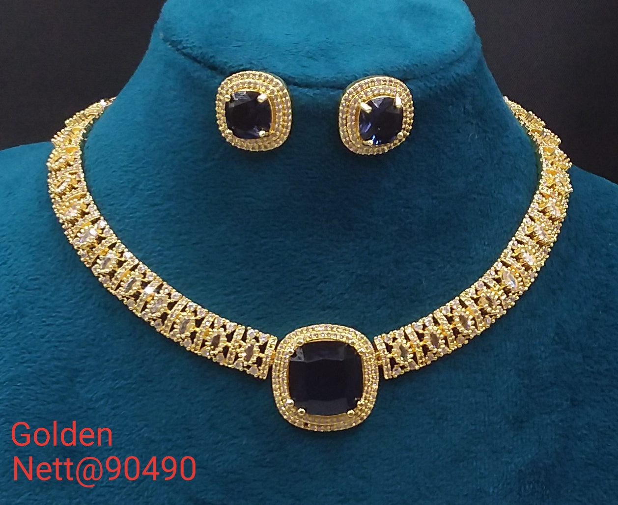 Golden AD Choker Set with Earrings - Nett@90490 (Multiple Colors)
