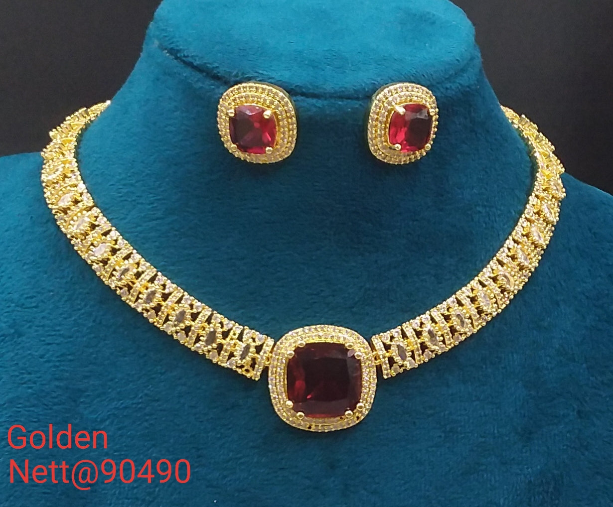 Golden AD Choker Set with Earrings - Nett@90490 (Multiple Colors)