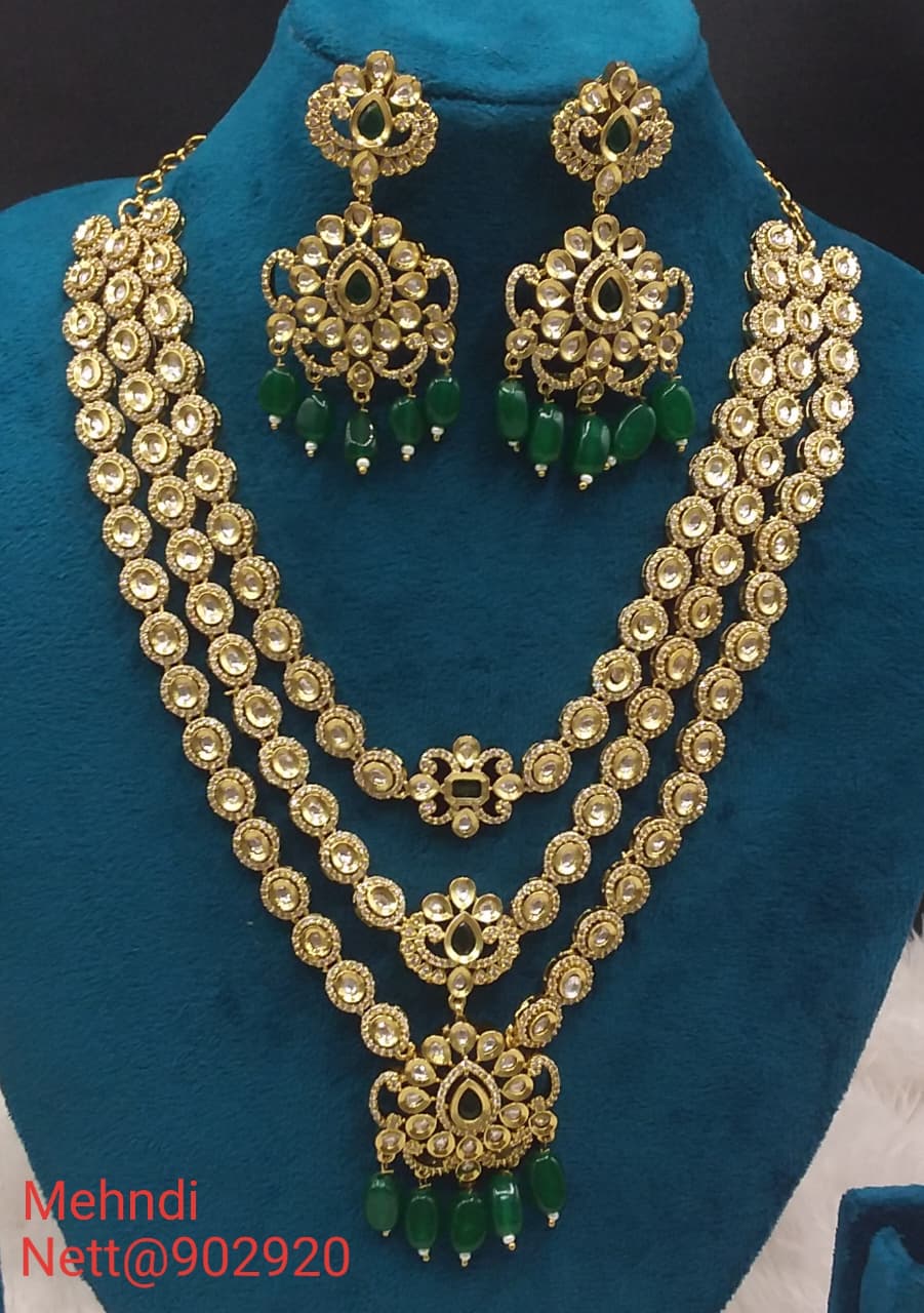 Green Bead Mehndi Jewellery Set - Triple Layer Necklace & Earrings