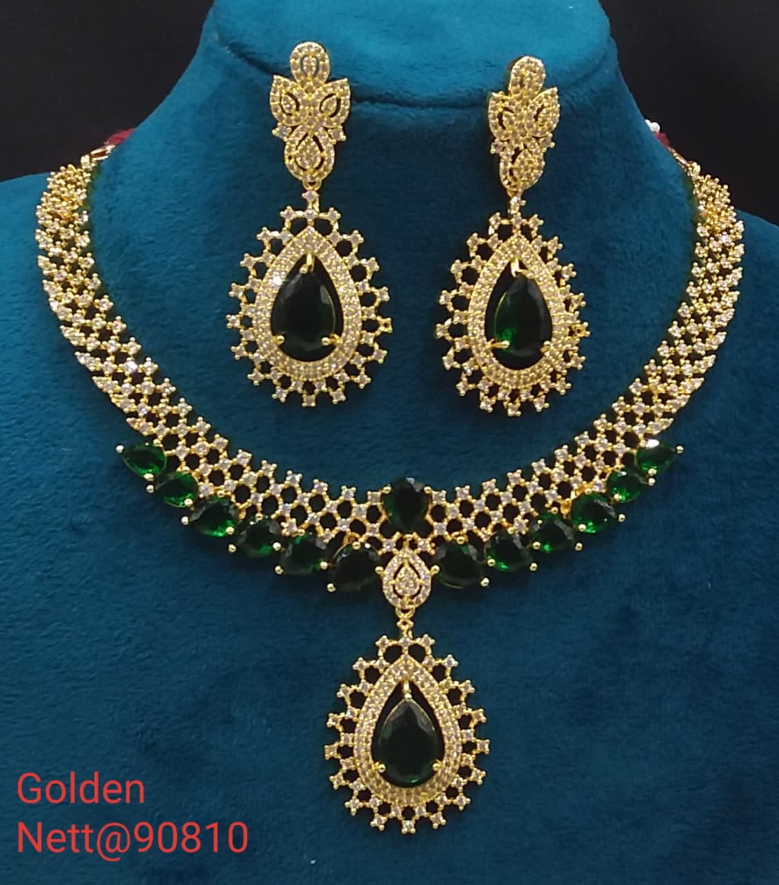 Golden AD Necklace Set with Earrings & Pendant - Nett@90810 (Multiple Colors)