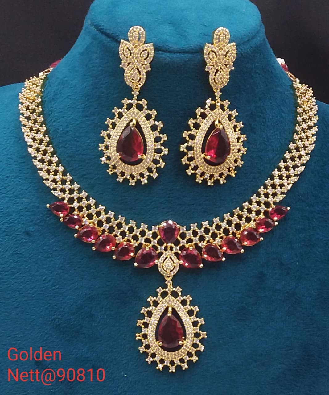 Golden AD Necklace Set with Earrings & Pendant - Nett@90810 (Multiple Colors)