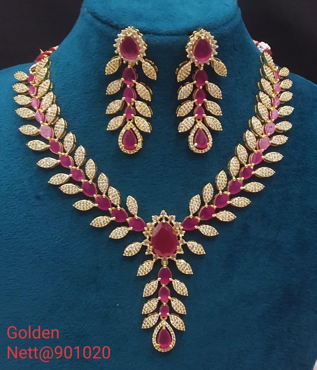 Golden AD Necklace Set with Earrings - Nett@901020 (Multiple Colors)