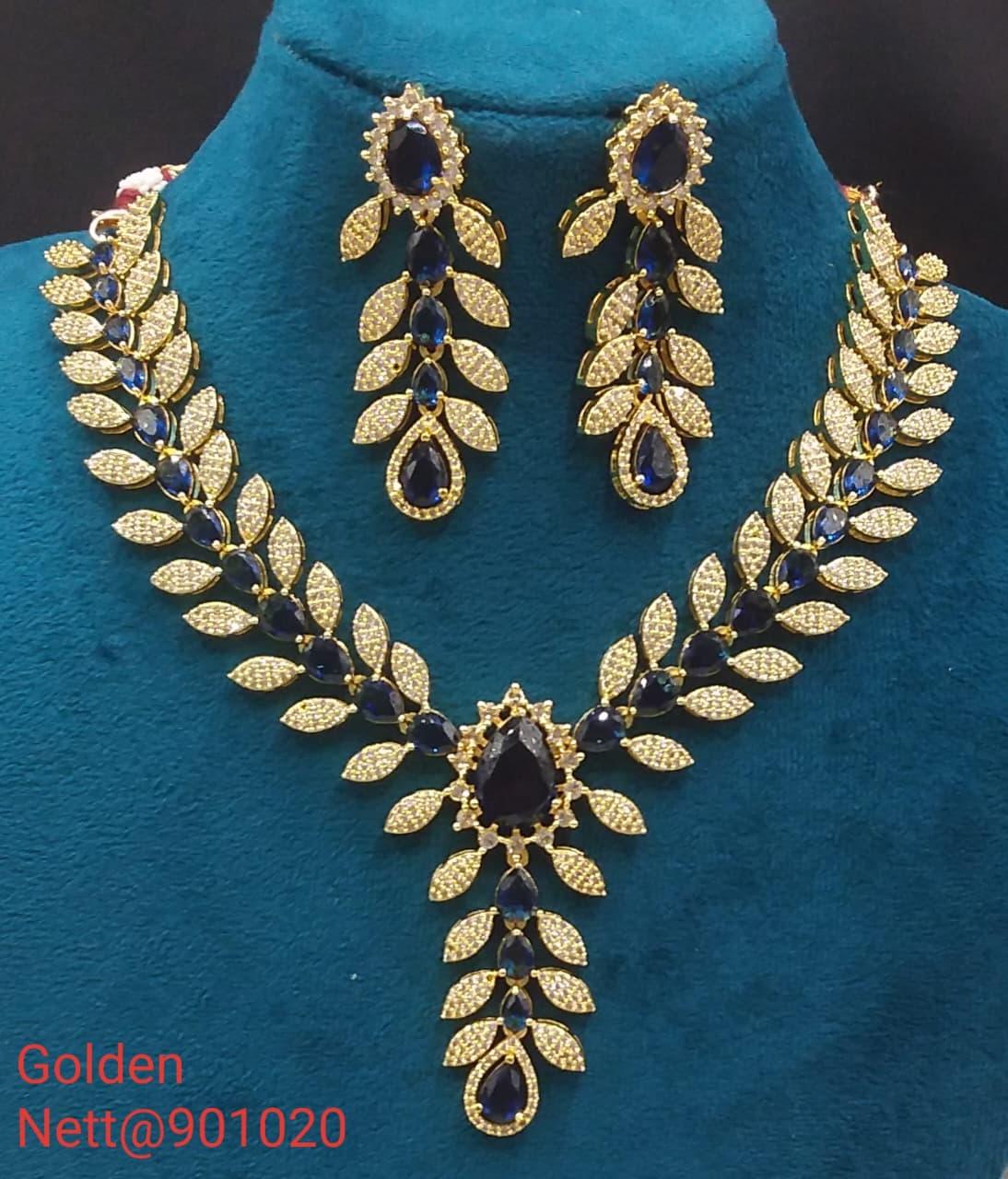 Golden AD Necklace Set with Earrings - Nett@901020 (Multiple Colors)