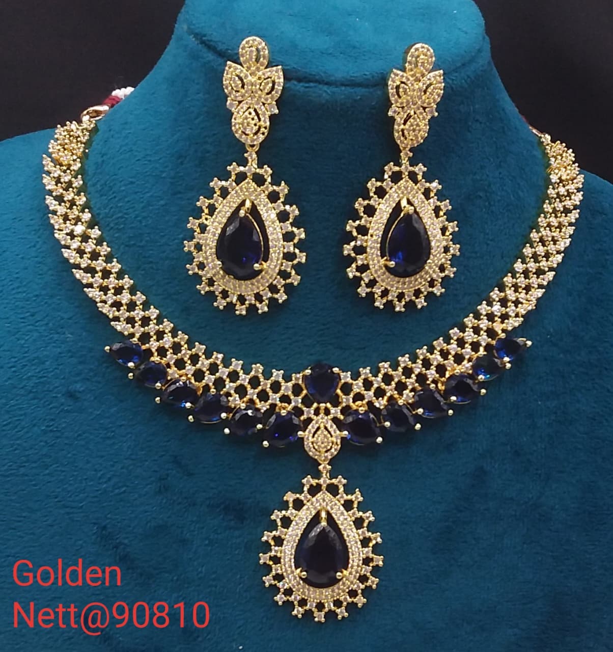 Golden AD Necklace Set with Earrings & Pendant - Nett@90810 (Multiple Colors)
