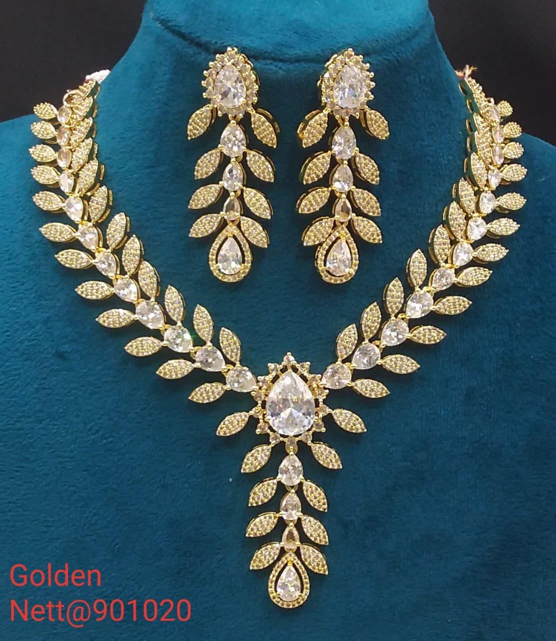 Golden AD Necklace Set with Earrings - Nett@901020 (Multiple Colors)