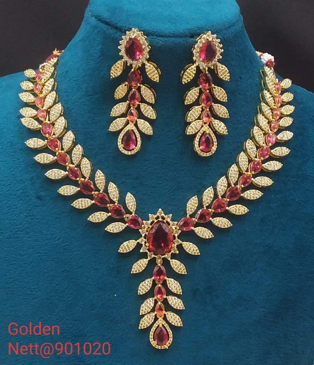 Golden AD Necklace Set with Earrings - Nett@901020 (Multiple Colors)
