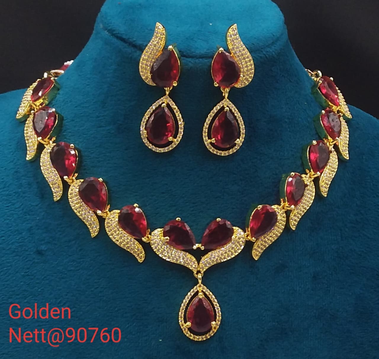 Golden AD Necklace Set with Earrings - Nett@90760 (Multiple Colors)