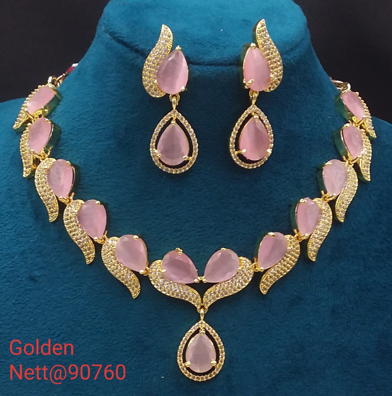 Golden AD Necklace Set with Earrings - Nett@90760 (Multiple Colors)