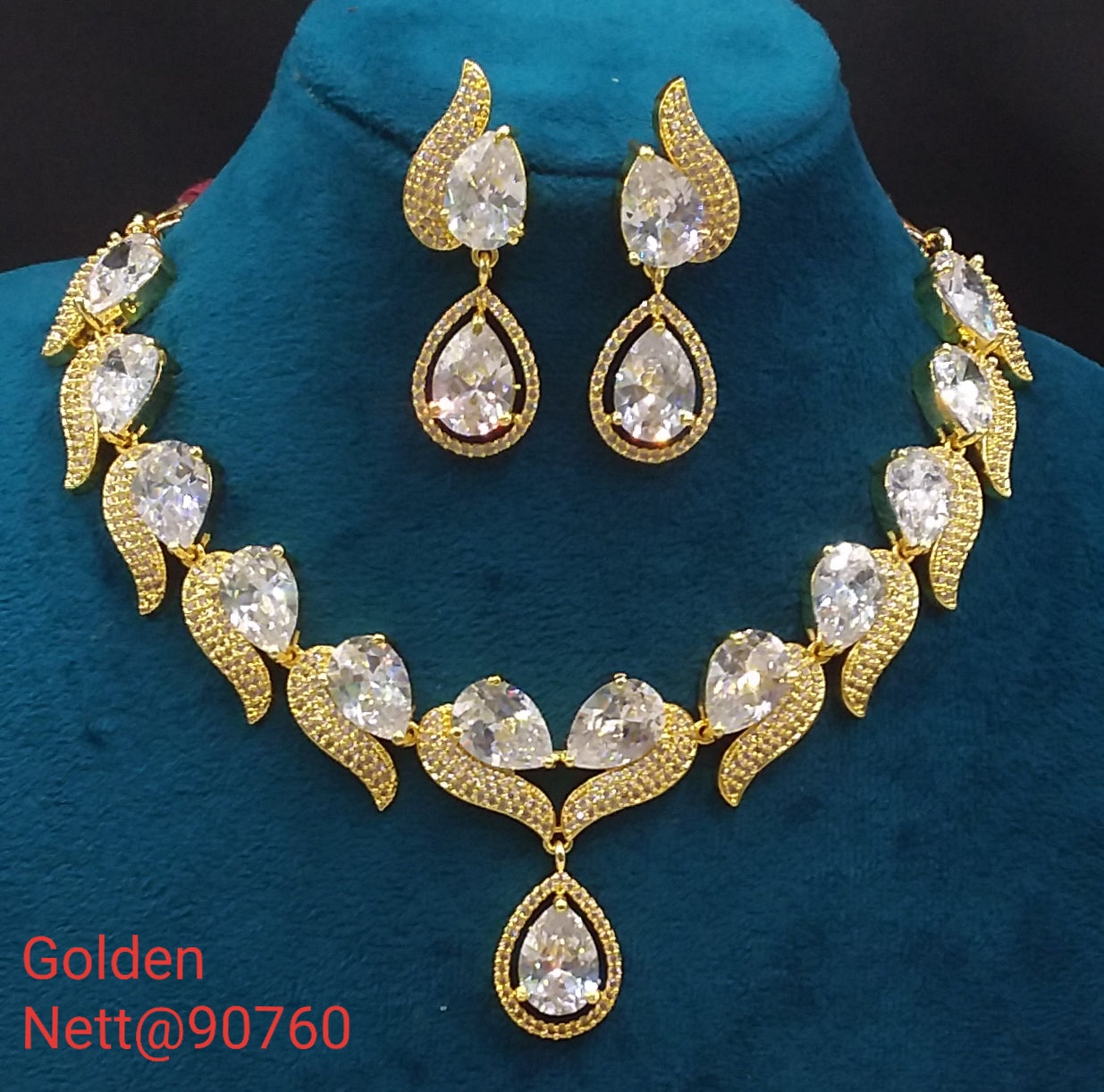 Golden AD Necklace Set with Earrings - Nett@90760 (Multiple Colors)
