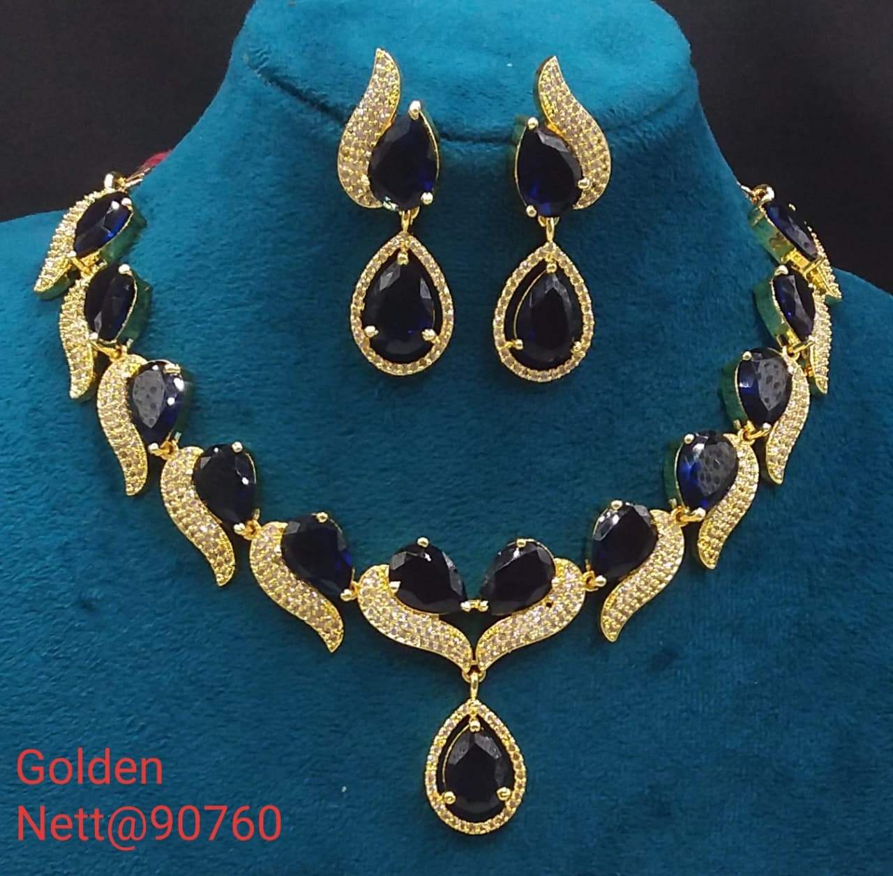 Golden AD Necklace Set with Earrings - Nett@90760 (Multiple Colors)