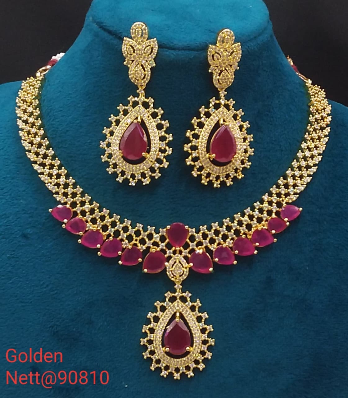 Golden AD Necklace Set with Earrings & Pendant - Nett@90810 (Multiple Colors)