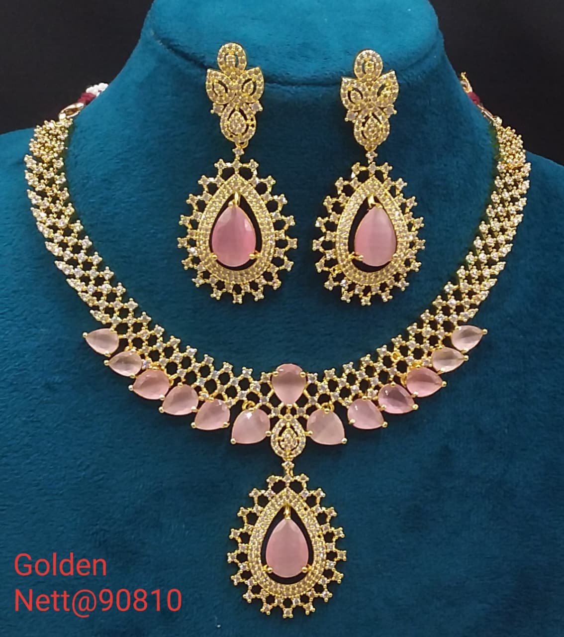 Golden AD Necklace Set with Earrings & Pendant - Nett@90810 (Multiple Colors)
