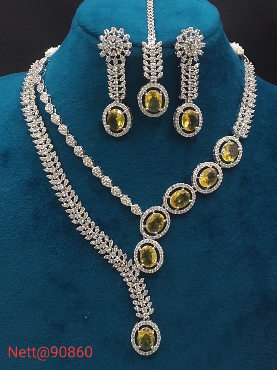 Yellow Stone AD Necklace Set with Earrings and Maang Tikka