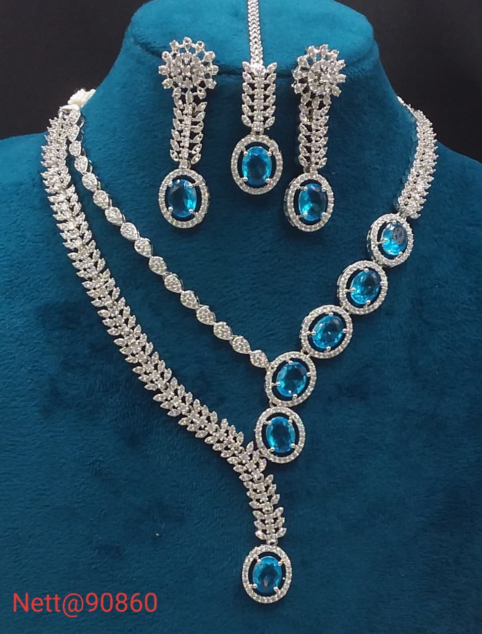 Blue Stone AD Necklace Set with Earrings and Maang Tikka