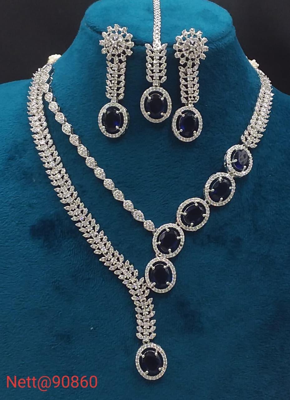 Dark blue Stone AD Necklace Set with Earrings and Maang Tikka