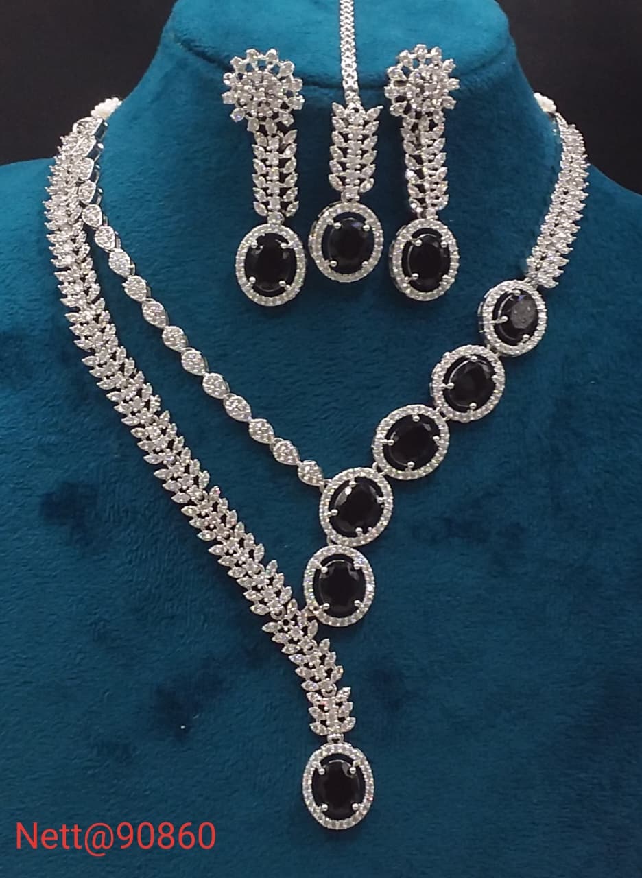 Black Stone AD Necklace Set with Earrings and Maang Tikka