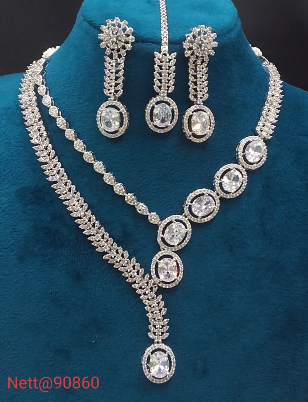 White Stone AD Necklace Set with Earrings and Maang Tikka