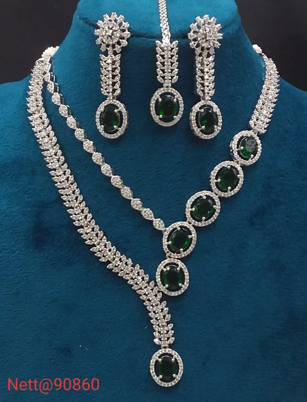 Green Stone AD Necklace Set with Earrings and Maang Tikka