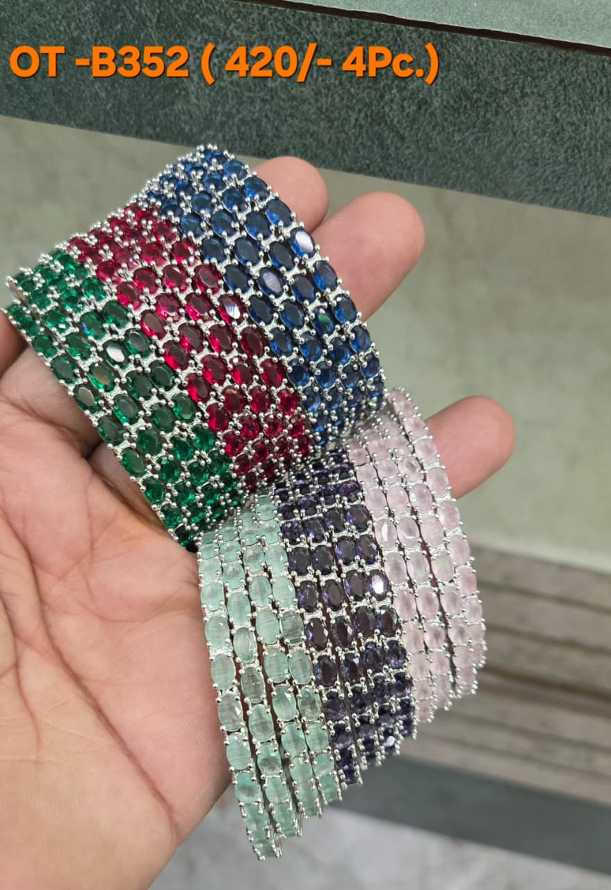 AD Bangles Set with Multi-Color Oval Stones - 4 Pieces - OT-B352 (420/4Pc) - Multiple Colors