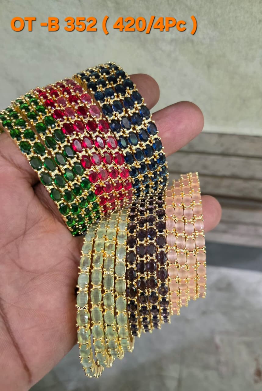AD Bangles Set with Multi-Color Oval Stones - 4 Pieces - OT-B352 (420/4Pc) - Multiple Colors