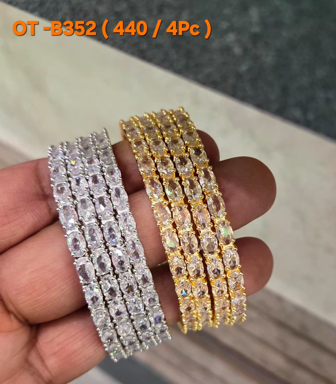 AD Bangles Set with Oval Stones - 4 Pieces - OT-B352 (440/4Pc) - Multiple Colors